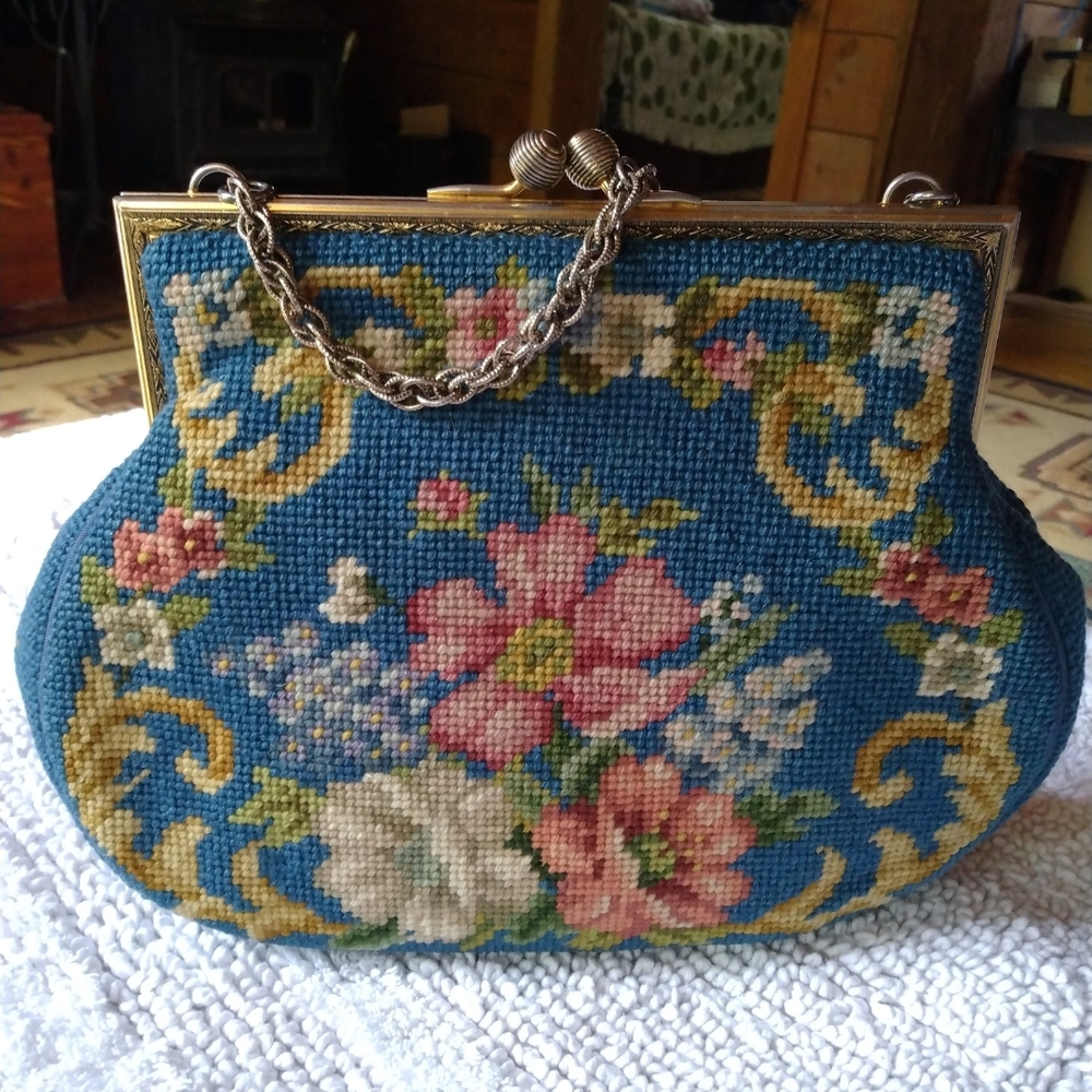 Vintage Blue and Pink Floral Needlepoint Clutch